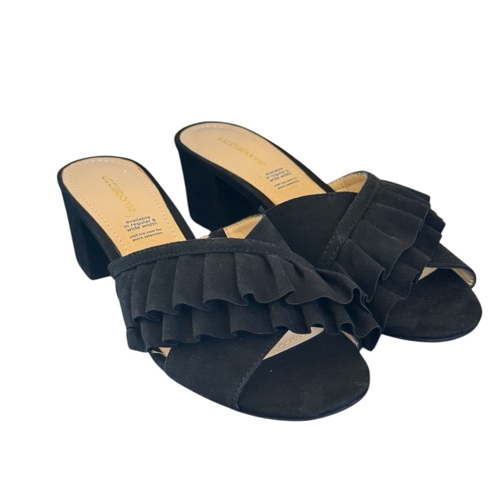 Liz Claiborne Erika Black Ruffle Mules slides sandals size 7.5 dressy formal
